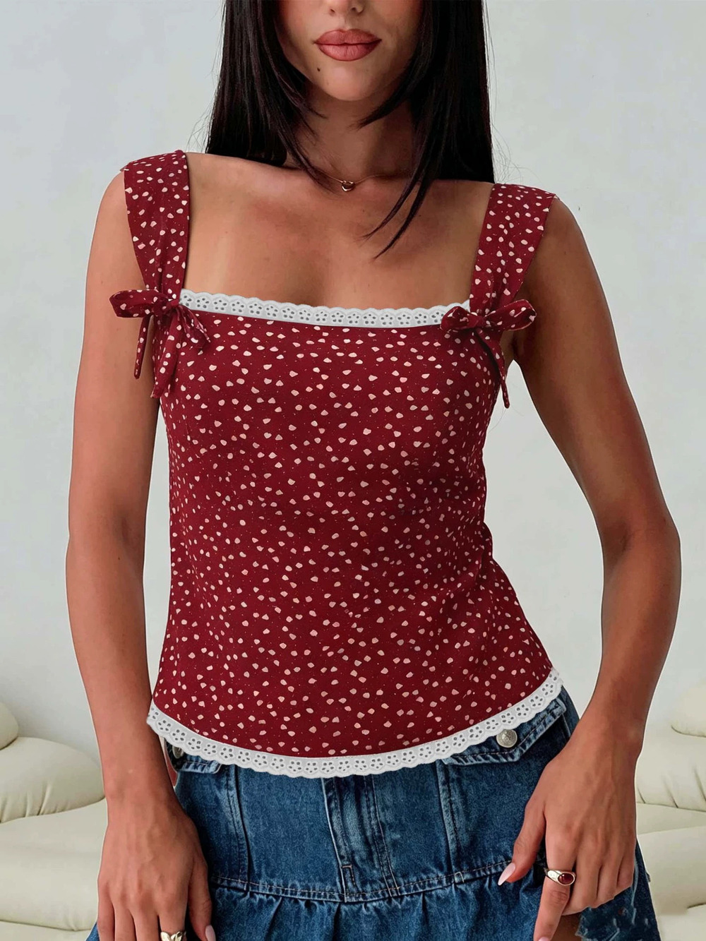 ZARA Sweet Hot Polka Dot Square Neck Cami Top Lace Trim Back Tie Bow Slimming